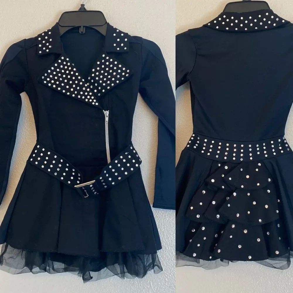 Kelle dance solo custom rhinestone costume black suit blazer leotard jacket SC